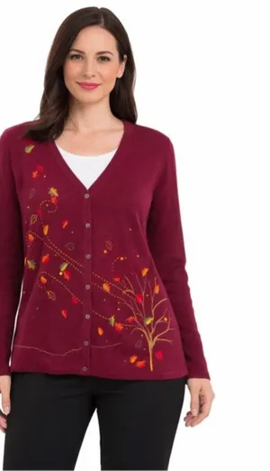 Christopher & Banks Maroon V-Neck Button Cardigan with Autumn Leaf Embroidery thumbnail 1