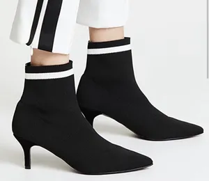 Jaggar Womens Knit Sock Booties Black White Stripe Pointed Toe Kitten Heel‎ 39 thumbnail 1