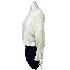 Zara Womens White Cream Ribbed Tie Long Sleeve Crew Cropped Sweater Top Size S thumbnail 2