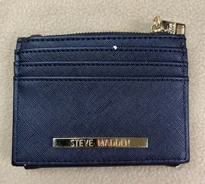 Steve Madden Black Faux Leather Zip‎ Card Holder Wallet Coin Pouch ID Window GUC thumbnail 1