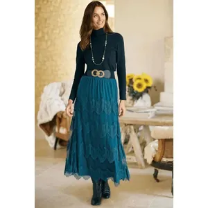 Soft‎ Surroundings Frederica Lace Maxi Skirt Dark Teal Blue Large NWT thumbnail 9