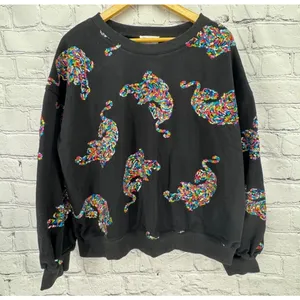 Fantastic Fawn Sweatshirt M Black Multicolor Sequin Tiger Oversized Crewneck thumbnail 1
