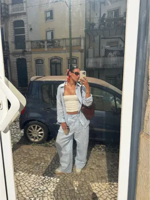 100% Linen Baby Blue Wide Leg Trousers thumbnail 4
