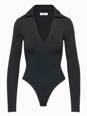 Aritzia Babaton Contour Polo Long Sleeve Bodysuit Black XS Double Layer thumbnail 4