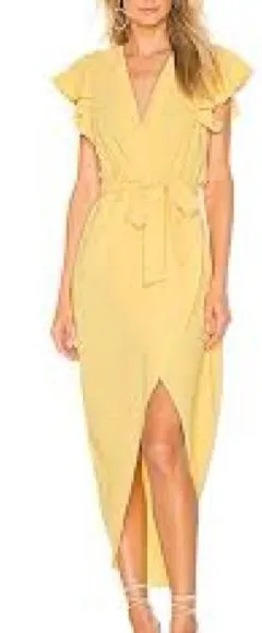 Amanda Uprichard Martinique Yellow Wrap Dress With Flutter Sleeves and Tie Waist thumbnail 1