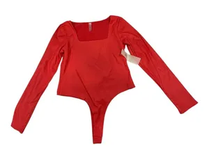 Mono B Red Square Neck Long Sleeve Bodysuit Style KT12101 Large thumbnail 1