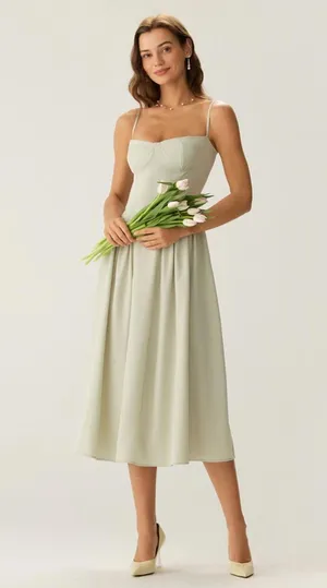 RIHOAS Green Square Neck Pocket Slip Midi Dress L thumbnail 1