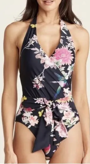 RACHEL Rachel Roy Sash Wrap Blue Pink Floral One Piece Swimsuit Halter sz. L thumbnail 1