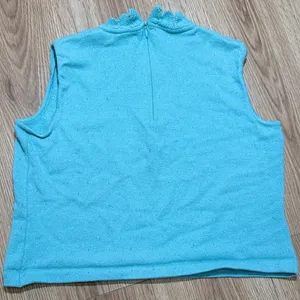 St.‎ John Turquoise Blue Knit Sleeveless Mock Neck Top Scalloped Trim Size S thumbnail 2
