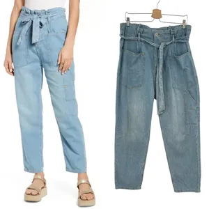 Free People Belted Denim Utility‎ Pants In Blue Haze Denim Chambray Size 30 thumbnail 2
