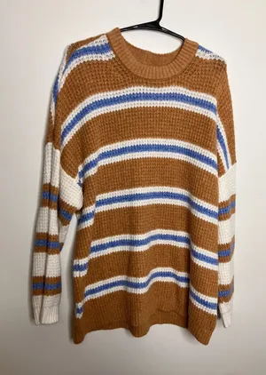 American Eagle Sweater Womens Large Brown Striped Excellent Waffle Knit Pullover thumbnail 1