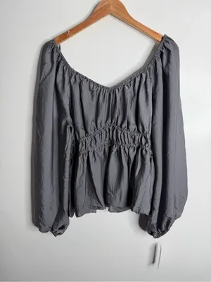 52Seven Gray‎ Smocked Peplum Top Balloon Sleeve XXL Cottagecore Romantic Boho thumbnail 2