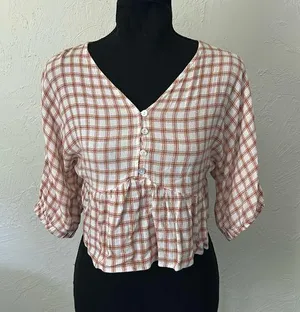 Newbury Kustom Plaid orange & white ruffle crop top w/ quarter sleeves & button down thumbnail 1