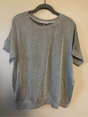 Zenana Outfitters Top Shirt Short Sleeve Oversized Stripe Brown White Medium thumbnail 2