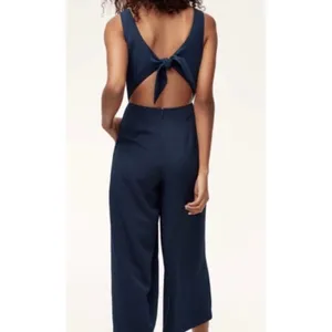 Wilfred Aritzia écoulement Navy Blue V-Neck Tie Back Wide Leg Jumpsuit thumbnail 2