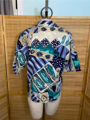 Cabrais woman’s vintage 90s short sleeve button down shirt blouse abstract blue thumbnail 3