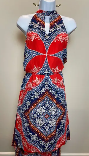 As You Wish Boho High‑Low Halter Dress Orange & Blue Size L thumbnail 1