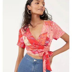 Free People Ashley Top SZ Large Fun Combo Wrap Crop NWT Red Boho Floral Waist thumbnail 2