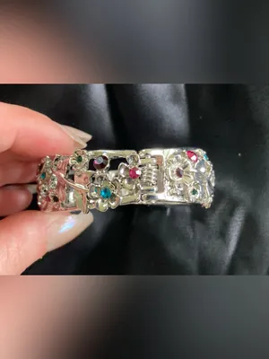 Silver Floral Bangle Bracelet w/ Pink, Green and Teal Crystal Accents thumbnail 8