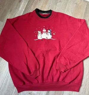 VTG Winter Snowman Sweater Pullover Sweatshirt Red Black Embroidered Size L XL thumbnail 1
