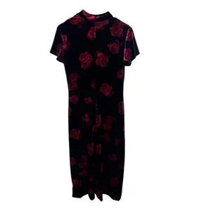 Vintage Black Velvet Red Rose Floral Maxi Dress Mandarin Collar 90s Goth Dress thumbnail 5