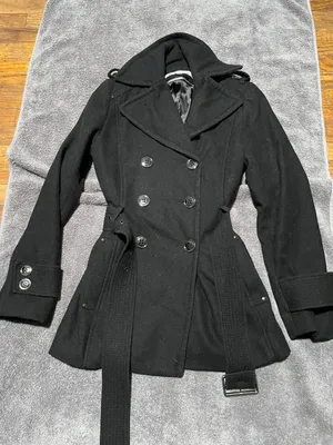 Kenneth Cole Black Belted Double Breasted Fitted Wool Coat Jacket thumbnail 1