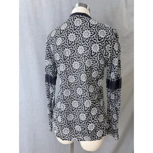 Tory Burch Navy White Geometric Crochet Tassel Blouse Size 10 Cotton Boho‎ Top thumbnail 4