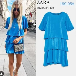 Zara Turquoise Blue NWT Ruffled Satin Effect Mini Dress thumbnail 4