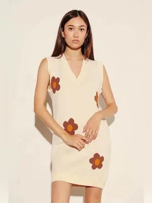 Miss Sparkling Cream Brown Floral V Neck Sleeveless Knit Sweater Mini Dress NWT thumbnail 2