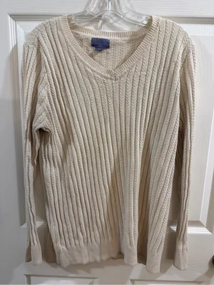 Laura Scott Woman 2X Cream Cable Knit V-Neck Sweater thumbnail 1