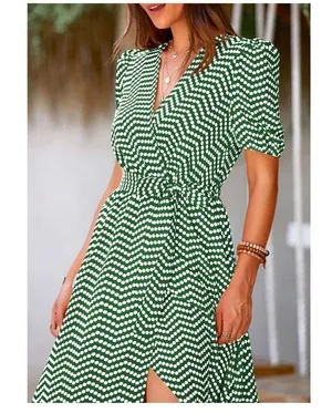 NEW Green Wrap Belted Short Sleeve Ruffle Hem Split Maxi Dress L thumbnail 6
