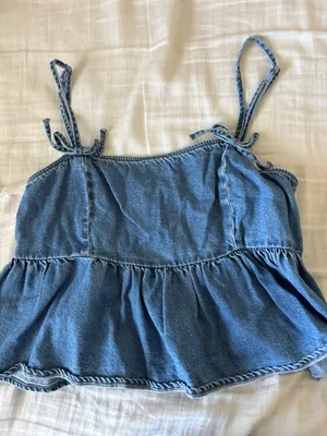 American Eagle Outfitters Light Blue Denim Tie-Strap Crop Top thumbnail 1