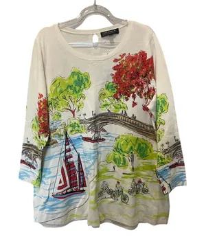 Joseph A Knit Sweater Top Sailboat Novelty NWT Size XL Preppy Artsy thumbnail 1