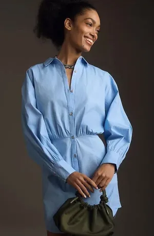 Maeve Long-Sleeve Poplin Mini Shirt Dress by Anthropologie XS thumbnail 1