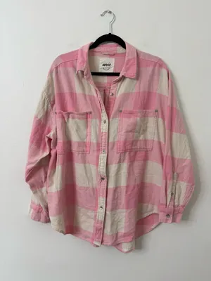 {M} aerie oversized Pink and Cream anytime fave flannel shirt thumbnail 3