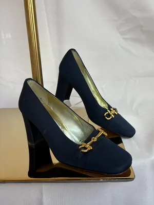 Andrea Carrano Navy Square-Toe Pumps with Gold Horsebit thumbnail 3