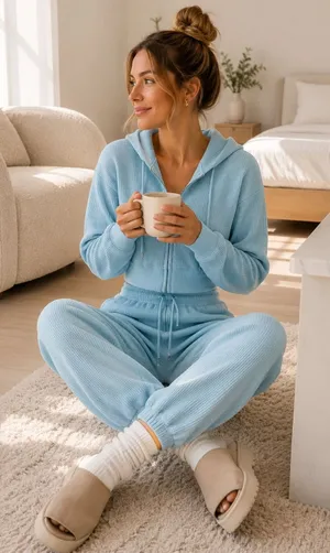 Auden Blue Waffle Knit 2 Piece Hoodie Jogger Lounge Set XS Cotton Blend thumbnail 1