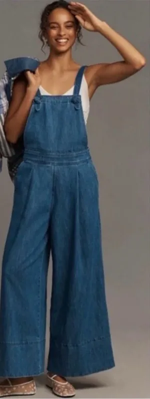 Maeve Blue Wide-Leg Denim Overalls with Crossback Straps thumbnail 1
