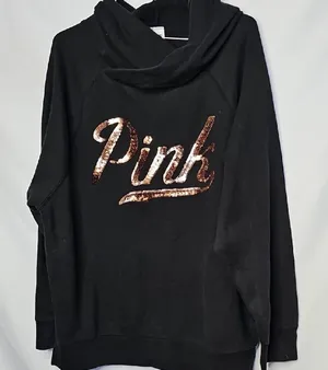 PINK Victoria's Secret Black Pullover Hooded Hoodie sequin Sweatshirt Sz Large thumbnail 1