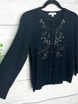 Spense Black Cardigan with Metallic Beaded Floral Embellishment Size Medium thumbnail 3