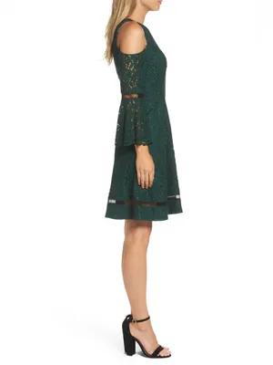 Eliza J Cold Shoulder Bell Sleeve Fit & Flare Lace Dress, Emerald Green, Size thumbnail 3