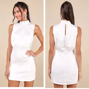 Lulus Classic Elegance White Satin Sleeveless Mock Neck Mini Dress Size large thumbnail 2