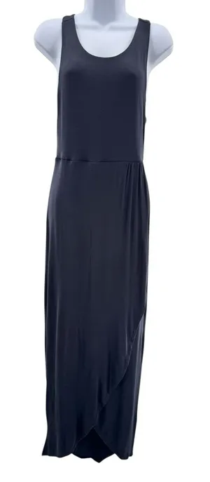 Sleeveless‎ Black Midi Dress Size Small Minimalist Scoop Neck Slit Front Stretch thumbnail 1