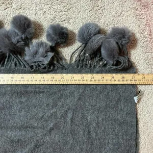 Luxury Grey Wool‎ Fur Blend Scarf with Pom Pom Tassels thumbnail 4