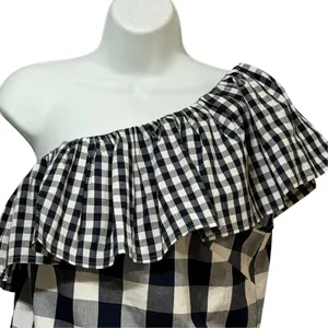 J.Crew Womens One Shoulder Ruffle Gingham Top Navy Blue White AZ102 Size 4 NWT thumbnail 4