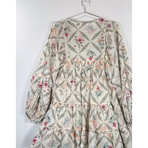 Talulah Mini Dress Beige Floral Smocked Tiered Flowy Peasant Boho Babydoll Small thumbnail 8