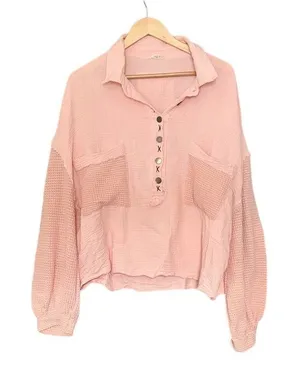 POL Textured Henley Pullover Oversized Pink Medium thumbnail 1