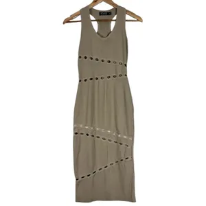 REHAB Ribbed Knit Eyelet Cutout Racerback Midi Bodycon Dress Tan Size M thumbnail 2