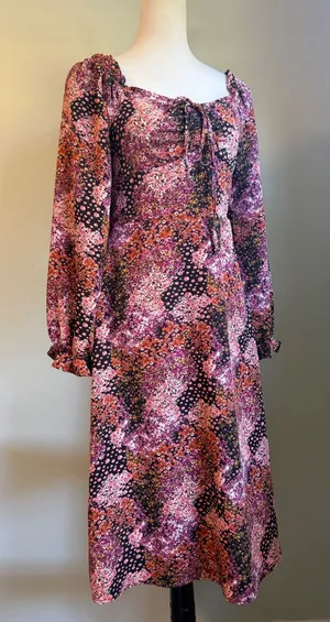 Long Sleeve Floral Midi Dress Smocked Off Shoulder m boho cotage whimsigoth retr thumbnail 1
