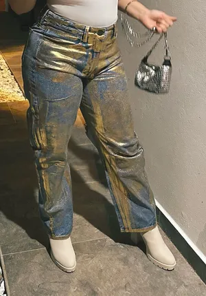 Metallic Gold Foil Denim Size M thumbnail 1